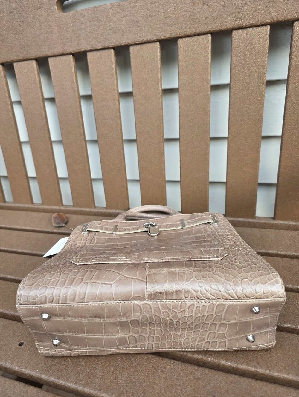 PRUNE NEW Taupe 30 Cm BIRKEN-STYLE Croc-Embossed Leather Satchel. With Bag & Tag - Picture 4 of 10